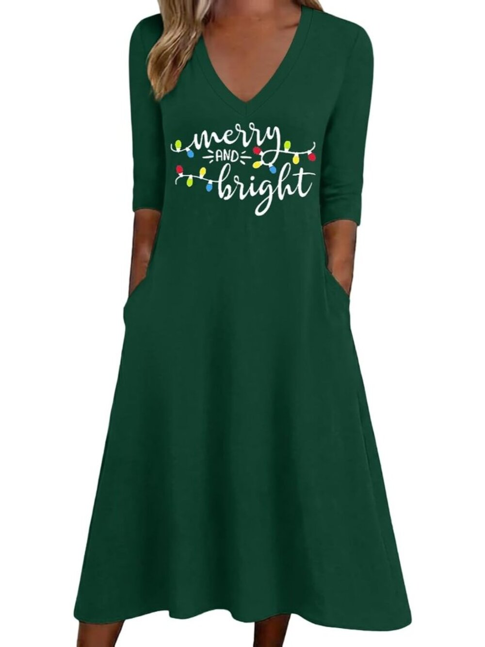 🎃Women's Green Casual V Neck Genie Witch Fall 3/4 Sleeve Halloween Shirt Dress
